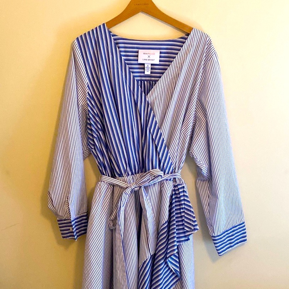 Lane Bryant Size 26 Beauticurve Dress Faux Wrap Long Sleeve Striped Pockets